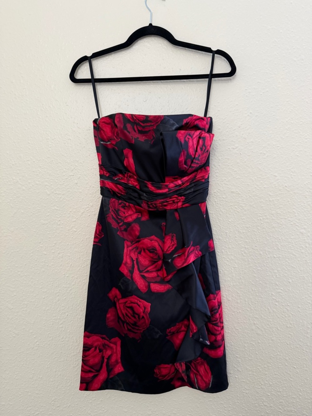White House Black Market Black Strapless Dress with Red Rose Print - Picture 2 of 7